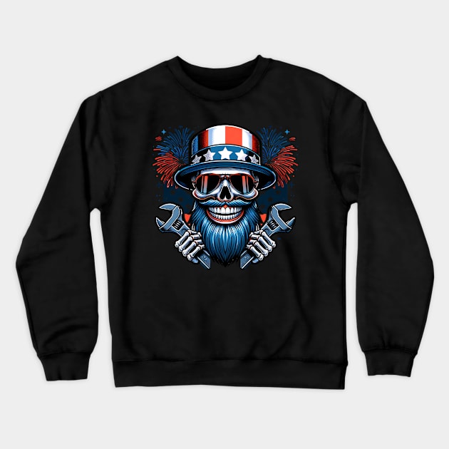 USA Patriotic Bearded Skull Mechanic American Flag 4th of July Independence Day Smiling Skull Crewneck Sweatshirt by Carantined Chao$